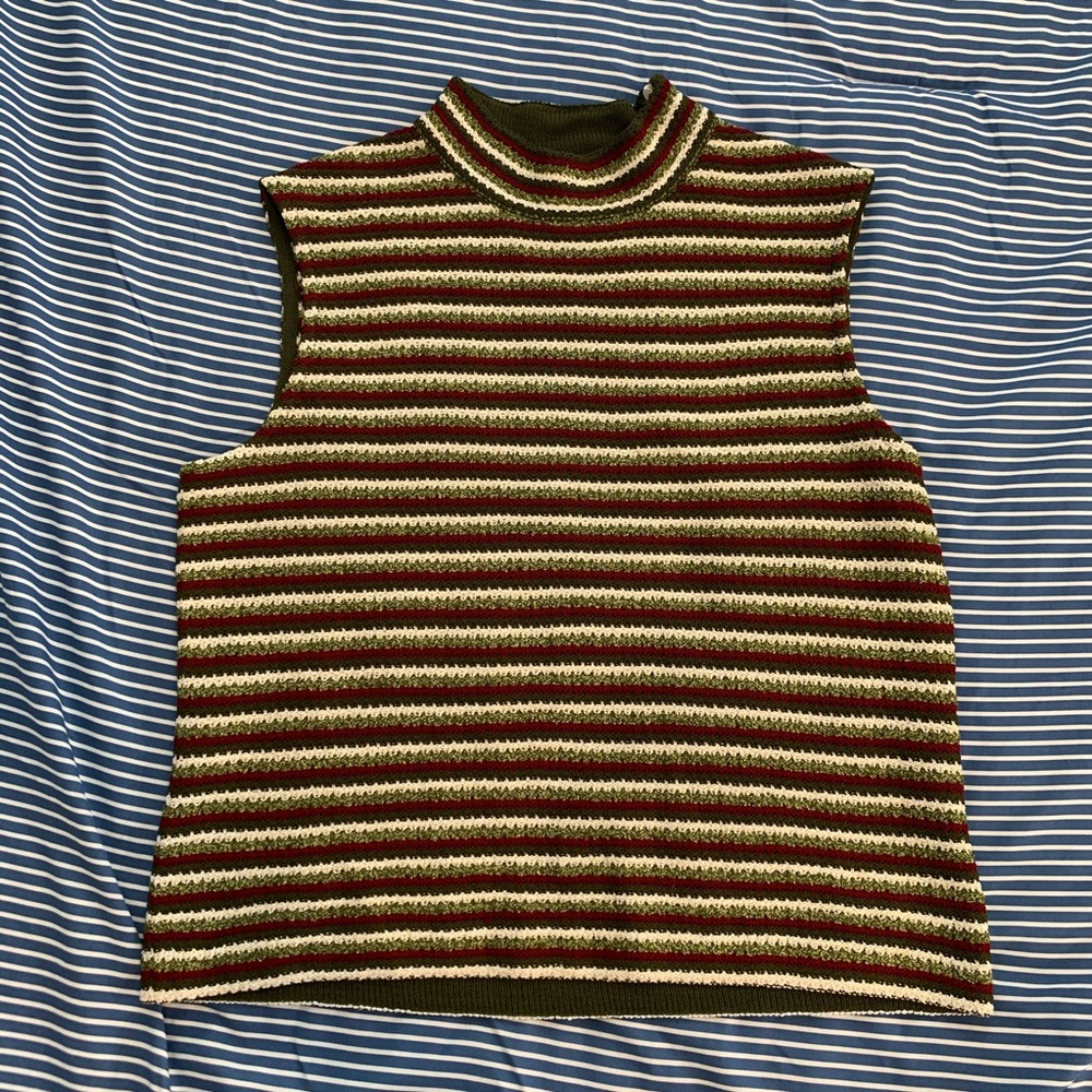 St John Green, white, Red striped knit tank top